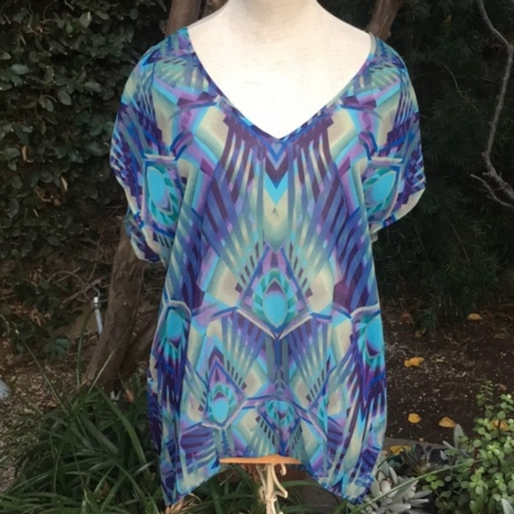 100%Silk Semi Sheer Purple, Blue, and Green V Neck Short Sleeve Blouse